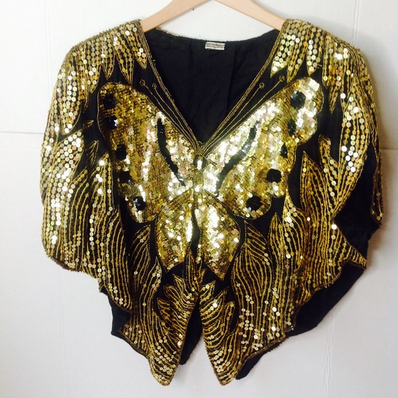 Vintage Tops - Vintage Butterfly Sequin Top Black Gold Silk Top
